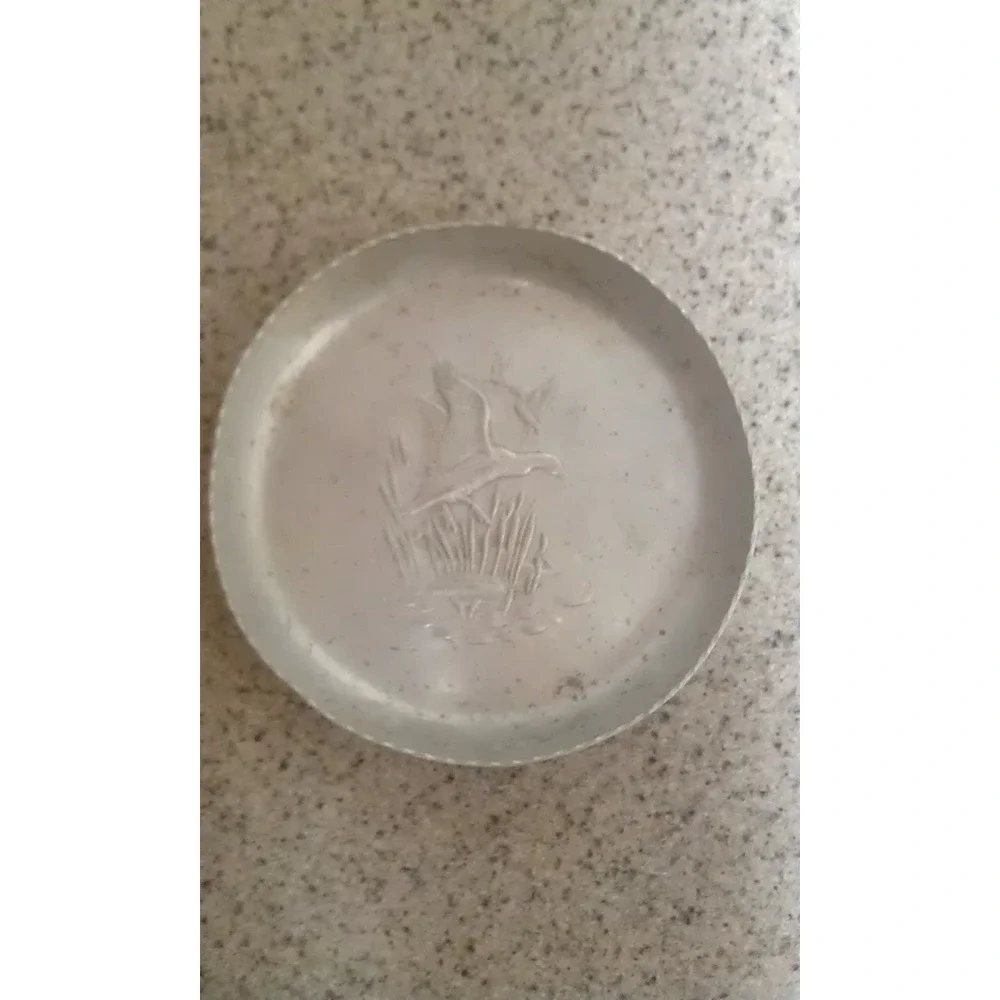 Coin dish, duck flight hammered aluminum round coin tray, vintage 1950